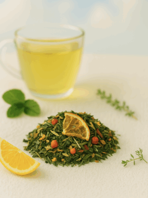 WeerstandWonder thee als citrusachtige blend in frisse, opwekkende setting