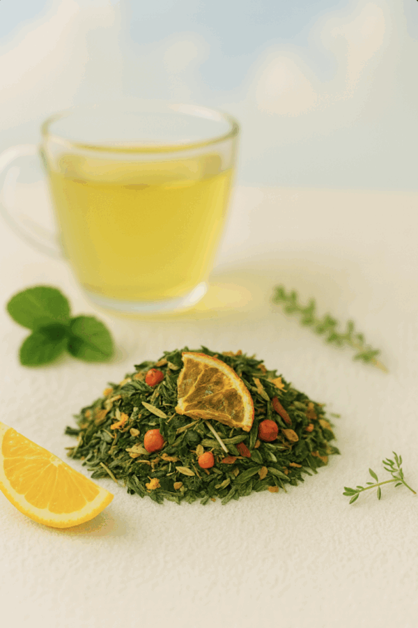 WeerstandWonder thee als citrusachtige blend in frisse, opwekkende setting