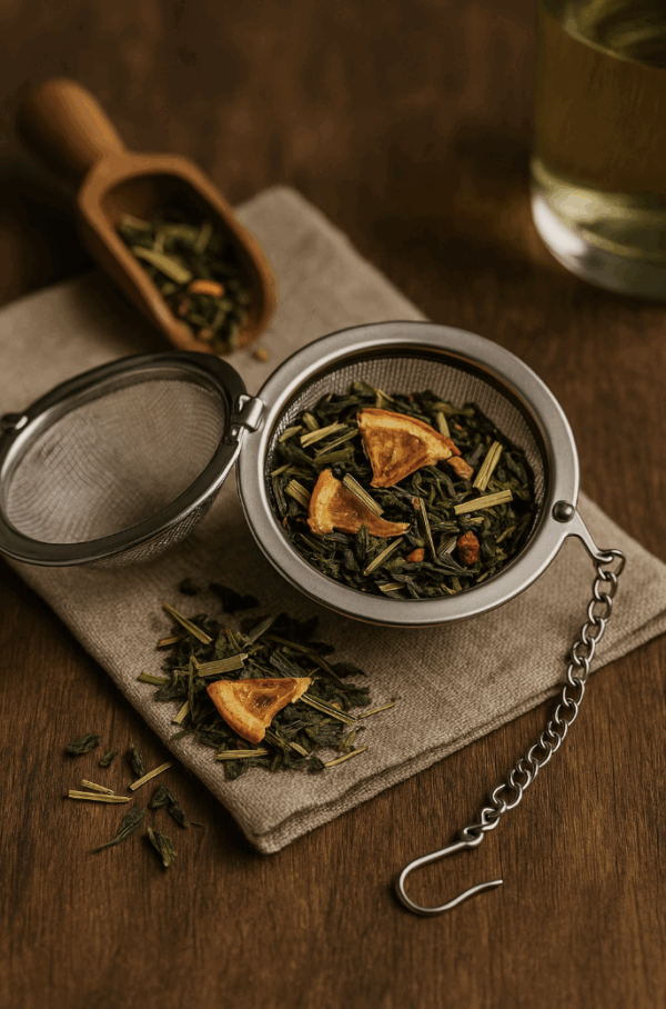 RVS thee-ei met kettinkje voor losse thee, liggend naast een kop dampende kruideninfusie.